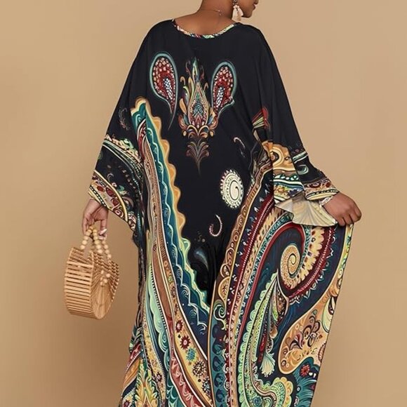 Ethnic Print Plus Size Beach Cover Ups Batwing Sleeve Caftans with Pockets - Picture 4 of 5